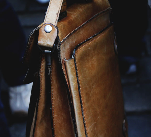 Close up vintage leather satchel for men