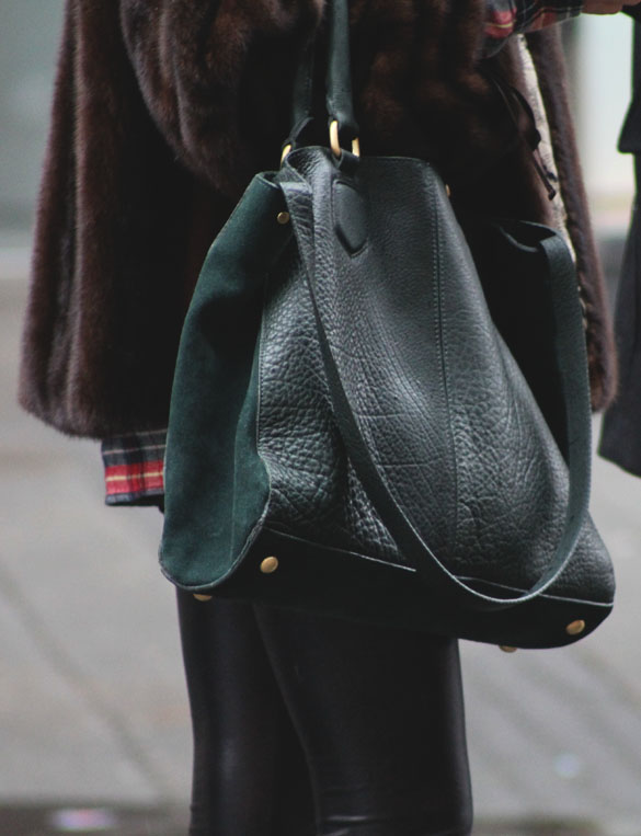 green leather shopper bag