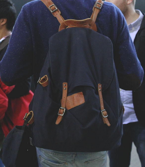 backpack dark blue canvas and brown leather